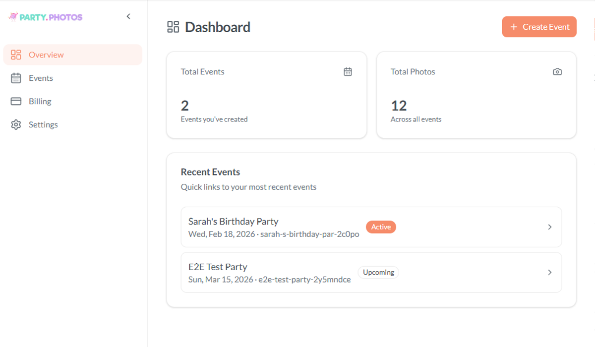 Dashboard Overview - Events, Stats & Gallery